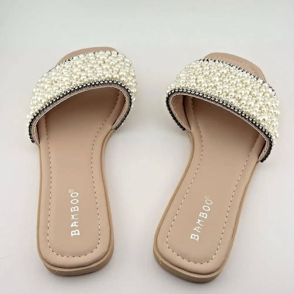 New Women's Jeweled Rhinestone Pearl Slide Flat Jelly Sandal Open Toe - Size 6.5